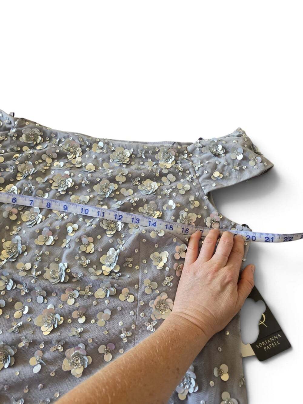 Adrianna Papell Size 16 Silver Mist Beaded Sequin Floral Off Shoulder Gown NWT - Picture 14 of 16